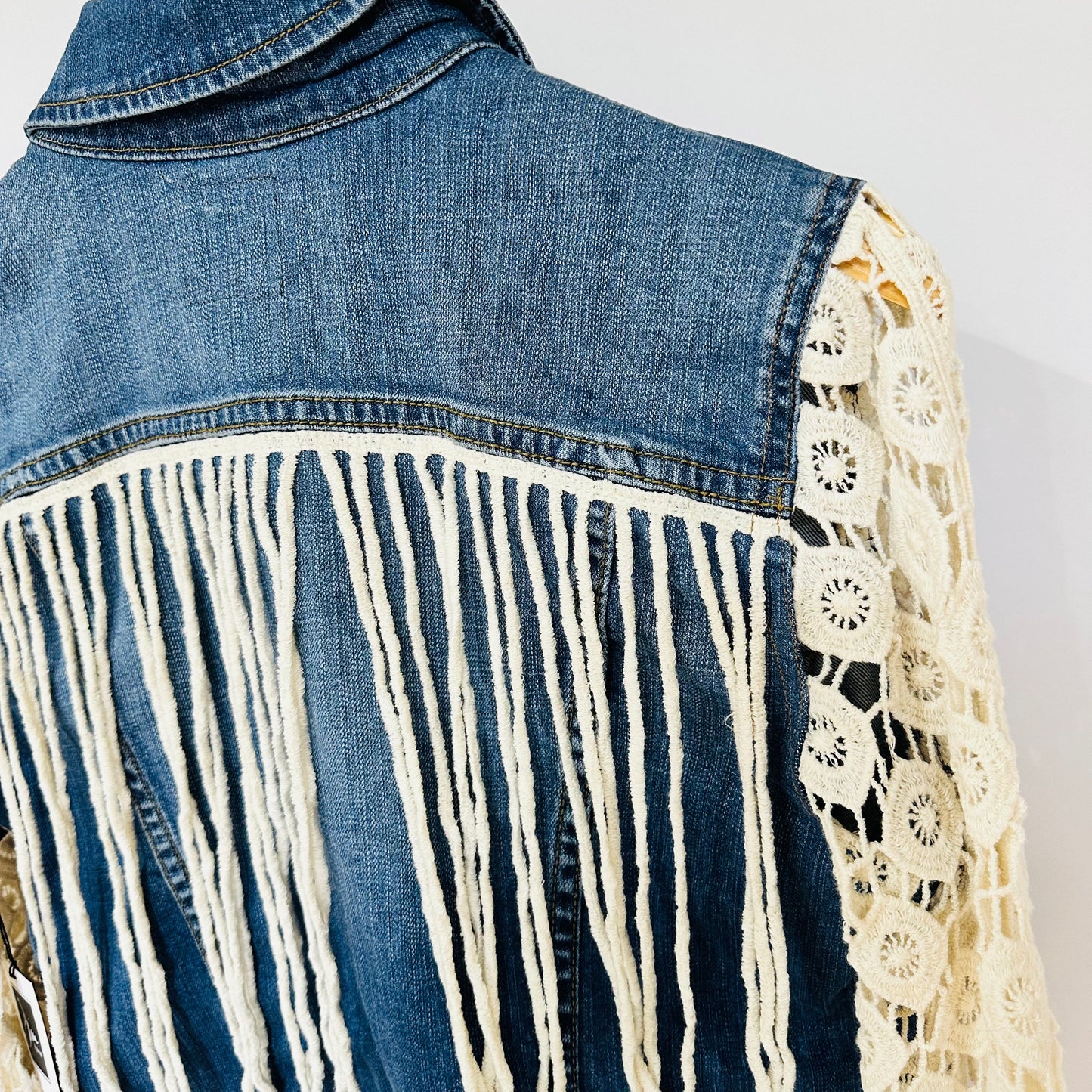 ivory crochet, long fringe + blue denim jacket [m]