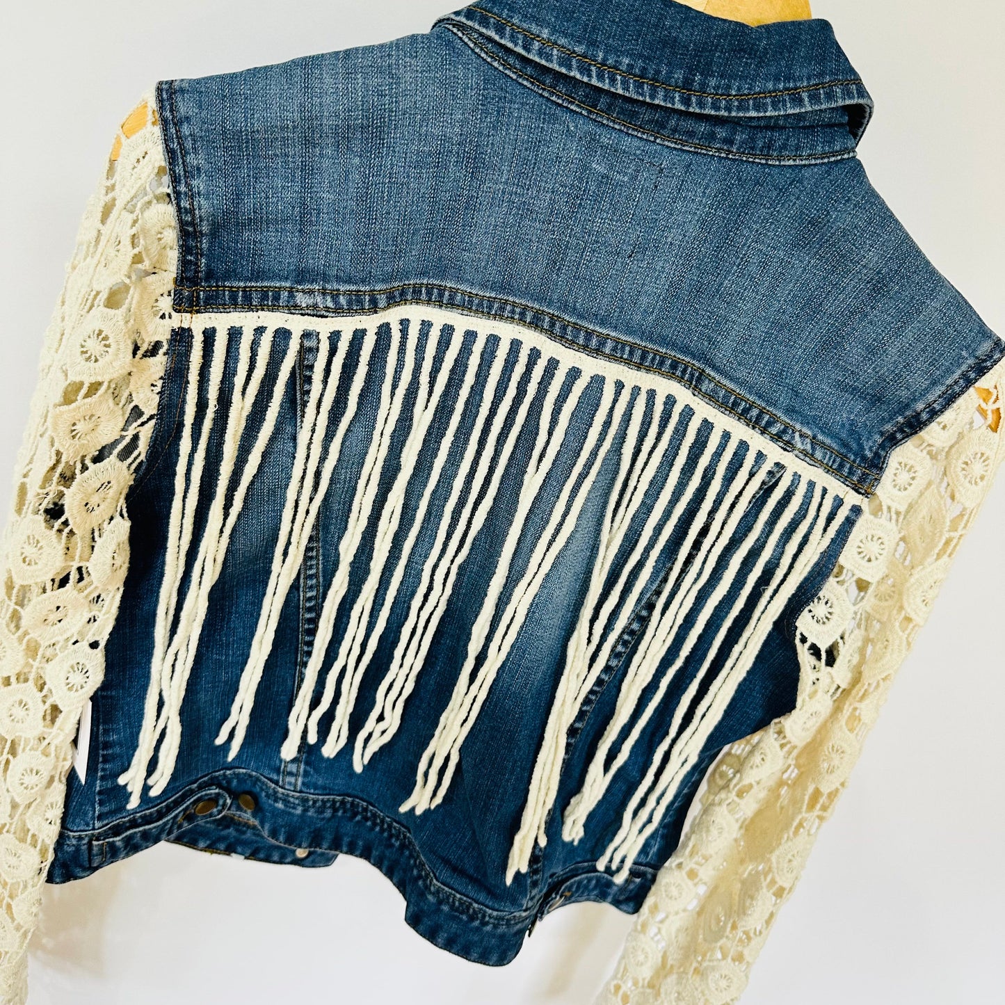 ivory crochet, long fringe + blue denim jacket [m]