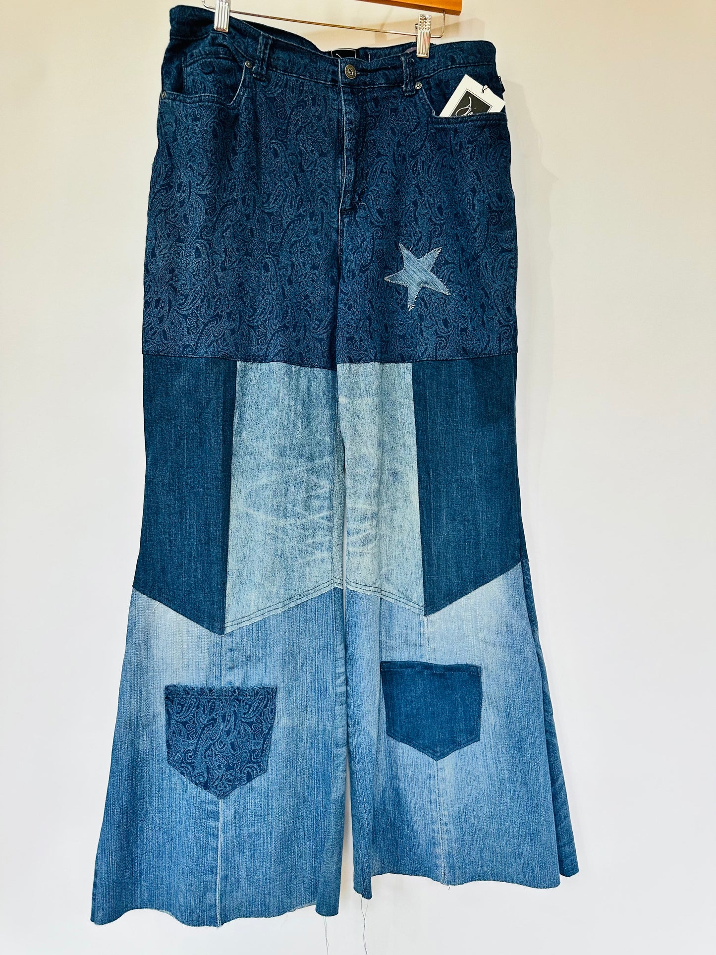 high rise dark paisley patchy bell bottoms [12/31]