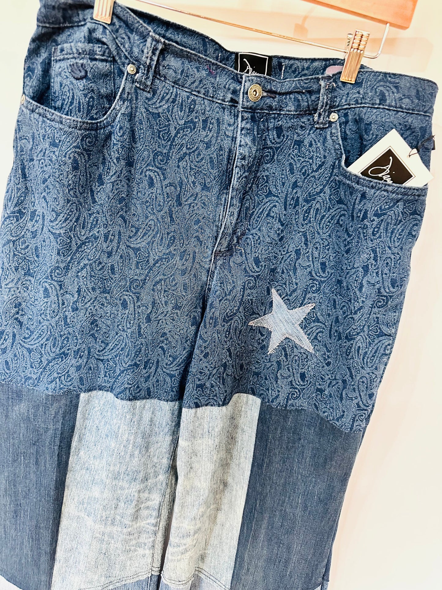 high rise dark paisley patchy bell bottoms [12/31]