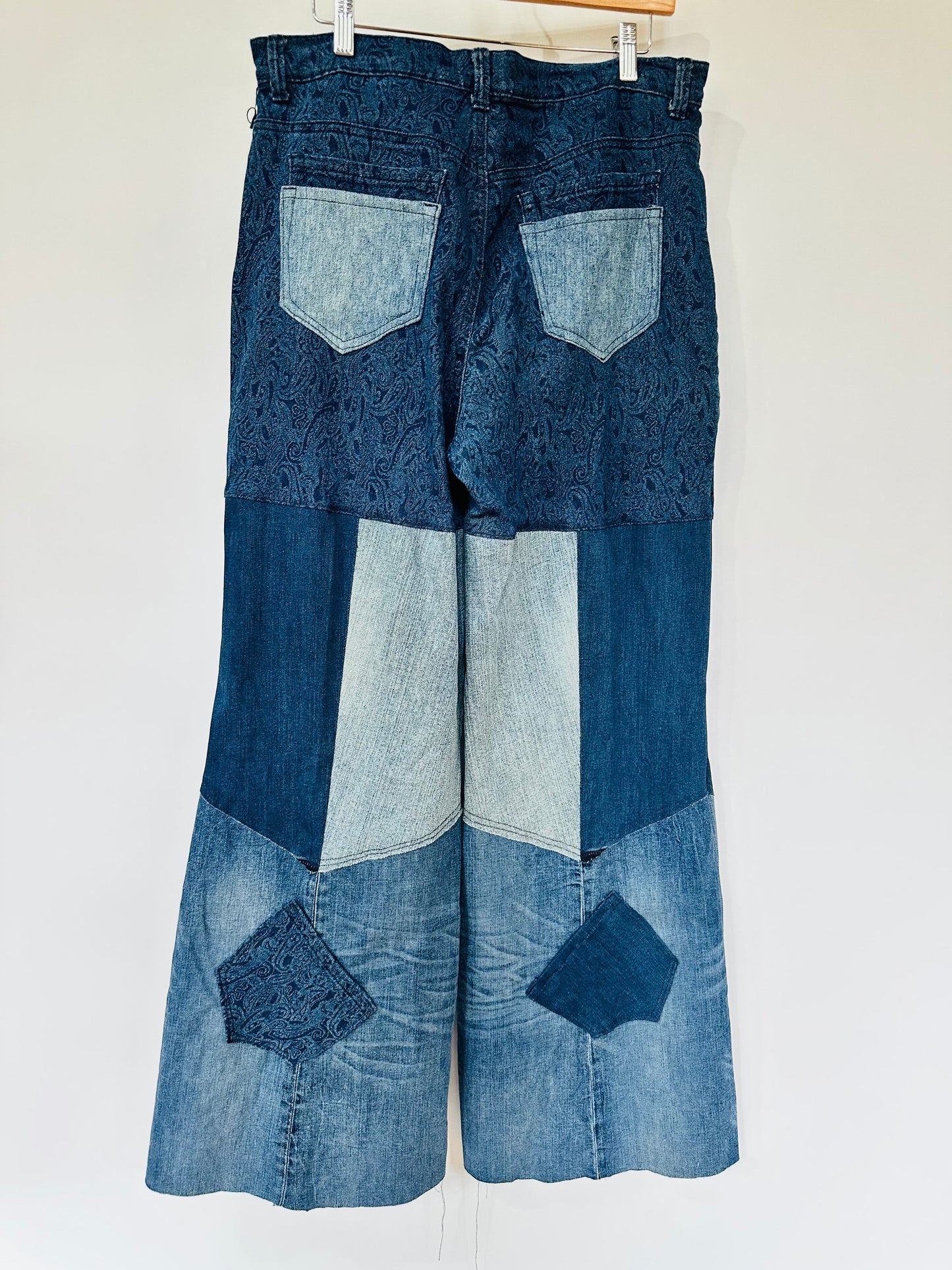 high rise dark paisley patchy bell bottoms [12/31]