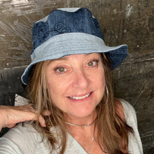 Load image into Gallery viewer, deep blue embroidered denim + light blue denim reversible bucket hat
