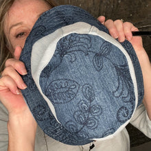 Load image into Gallery viewer, deep blue embroidered denim + light blue denim reversible bucket hat
