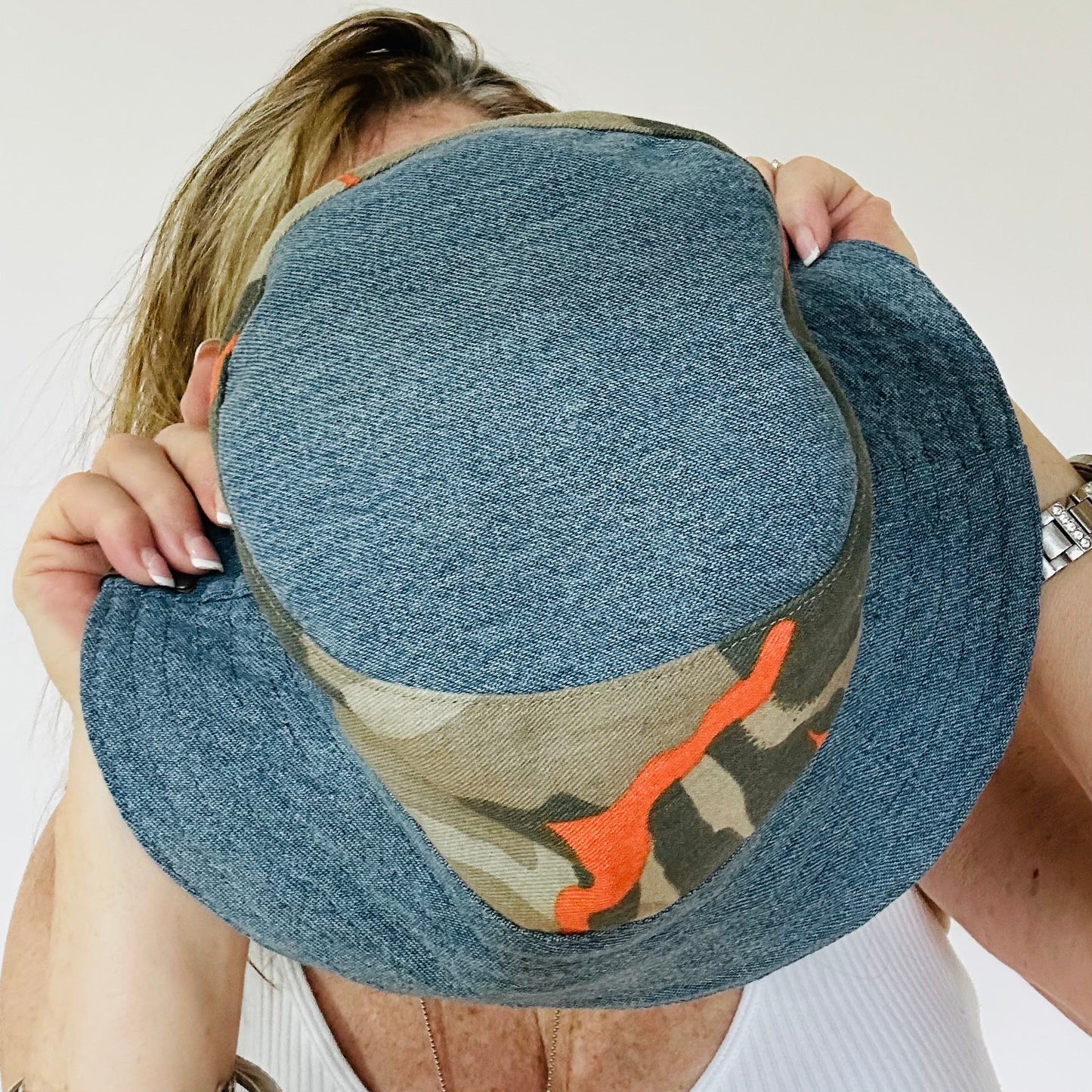 fun camo + blue denim reversible bucket hat