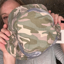 Load image into Gallery viewer, colorful camo patches + olive denim reversible bucket hat
