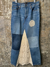 Load image into Gallery viewer, patched blue denim + lace maxi skirt, (size 29)

