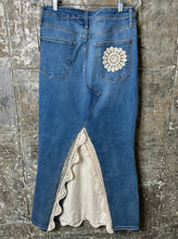 Load image into Gallery viewer, patched blue denim + lace maxi skirt, (size 29)
