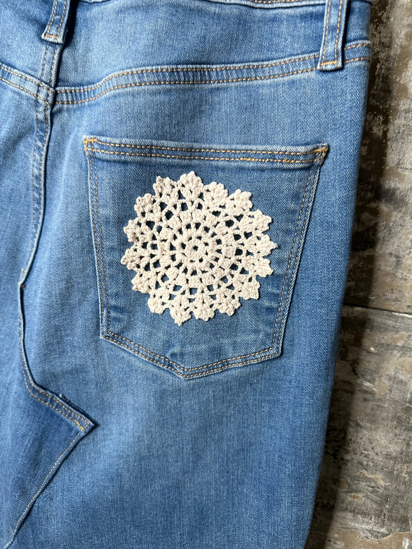 patched blue denim + lace maxi skirt, (size 29)