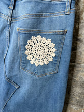 Load image into Gallery viewer, patched blue denim + lace maxi skirt, (size 29)
