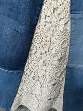 Load image into Gallery viewer, patched blue denim + lace maxi skirt, (size 29)
