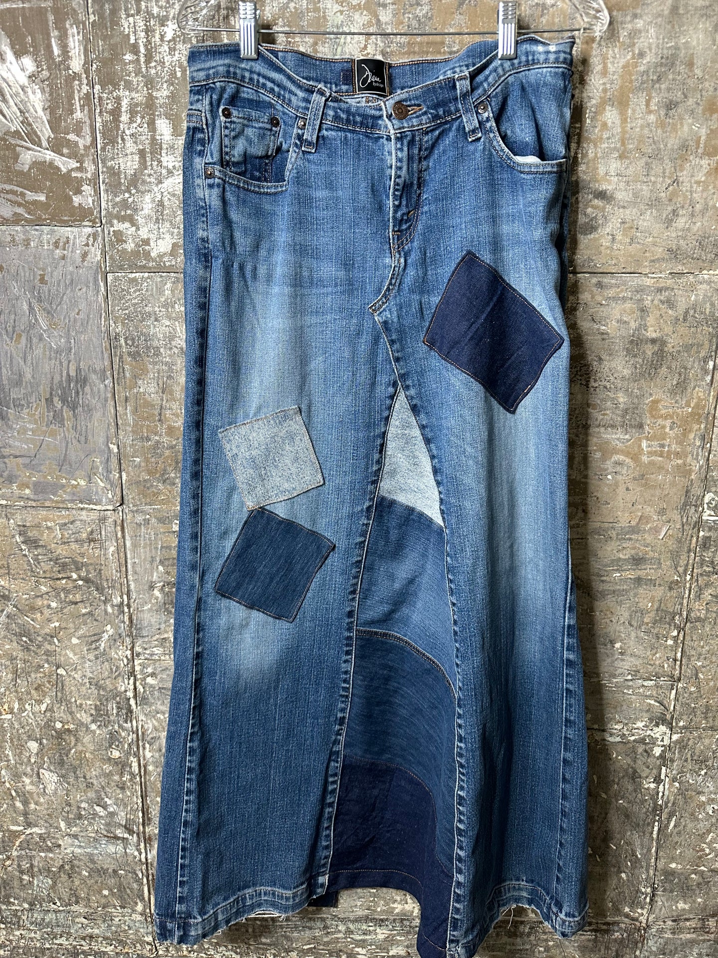 distressed denim patch maxi skirt, (size 12)