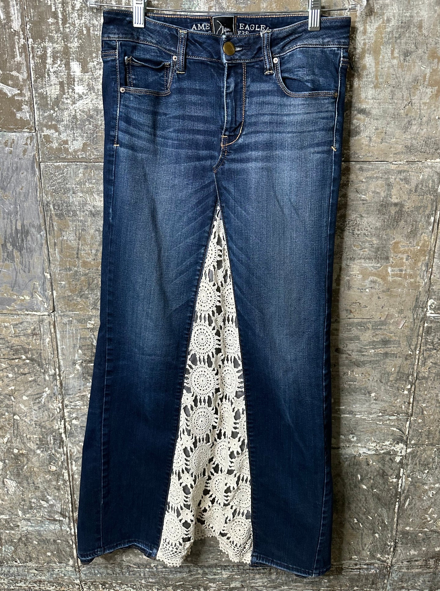 dark blue denim + lace maxi skirt, (size 28)