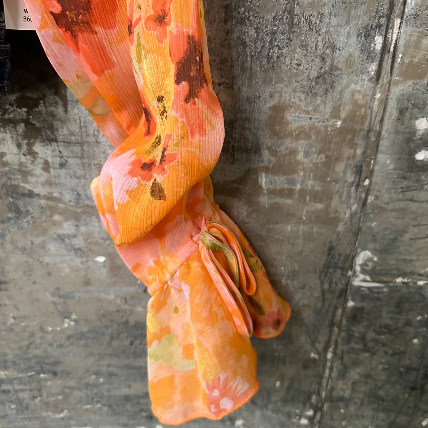 cute crop denim + floaty orange burst ruffle sleeves