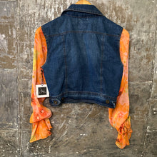Load image into Gallery viewer, cute crop denim + floaty orange burst ruffle sleeves
