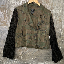 Load image into Gallery viewer, digital camo meets deep olive leaf velvet bell jacket
