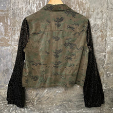 Load image into Gallery viewer, digital camo meets deep olive leaf velvet bell jacket
