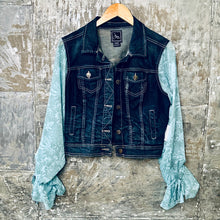 Load image into Gallery viewer, seafoam daisy ruffles meets dark denim jacket
