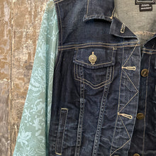 Load image into Gallery viewer, seafoam daisy ruffles meets dark denim jacket
