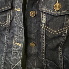 Load image into Gallery viewer, seafoam daisy ruffles meets dark denim jacket
