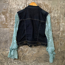Load image into Gallery viewer, seafoam daisy ruffles meets dark denim jacket

