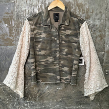 Load image into Gallery viewer, lace bells + embroidered rag camo denim
