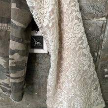 Load image into Gallery viewer, lace bells + embroidered rag camo denim
