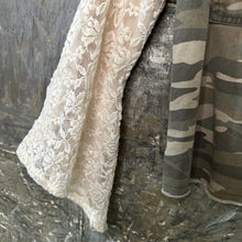 Load image into Gallery viewer, lace bells + embroidered rag camo denim
