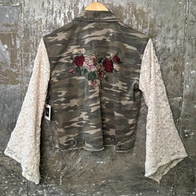 Load image into Gallery viewer, lace bells + embroidered rag camo denim
