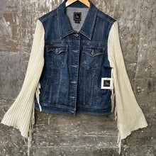 Load image into Gallery viewer, ivory knit bells + classic style denim jacket
