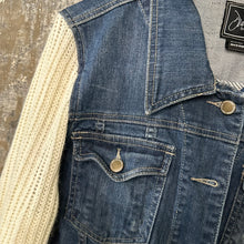 Load image into Gallery viewer, ivory knit bells + classic style denim jacket
