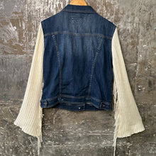 Load image into Gallery viewer, ivory knit bells + classic style denim jacket
