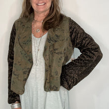 Load image into Gallery viewer, digital camo meets deep olive leaf velvet bell jacket
