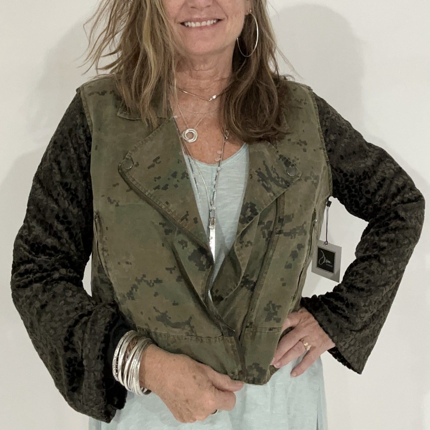 digital camo meets deep olive leaf velvet bell jacket