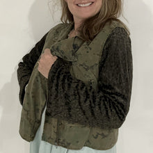 Load image into Gallery viewer, digital camo meets deep olive leaf velvet bell jacket
