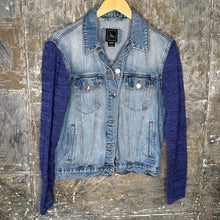 Load image into Gallery viewer, periwinkle sweater + extra distressed denim jacket
