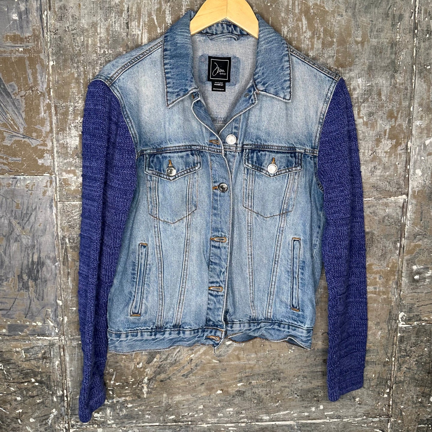 periwinkle sweater + extra distressed denim jacket