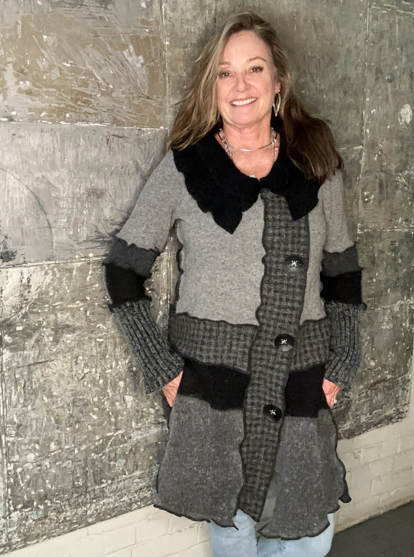 ruffle collared gray black cardigan coat