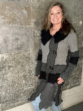 Load image into Gallery viewer, ruffle collared gray black cardigan coat
