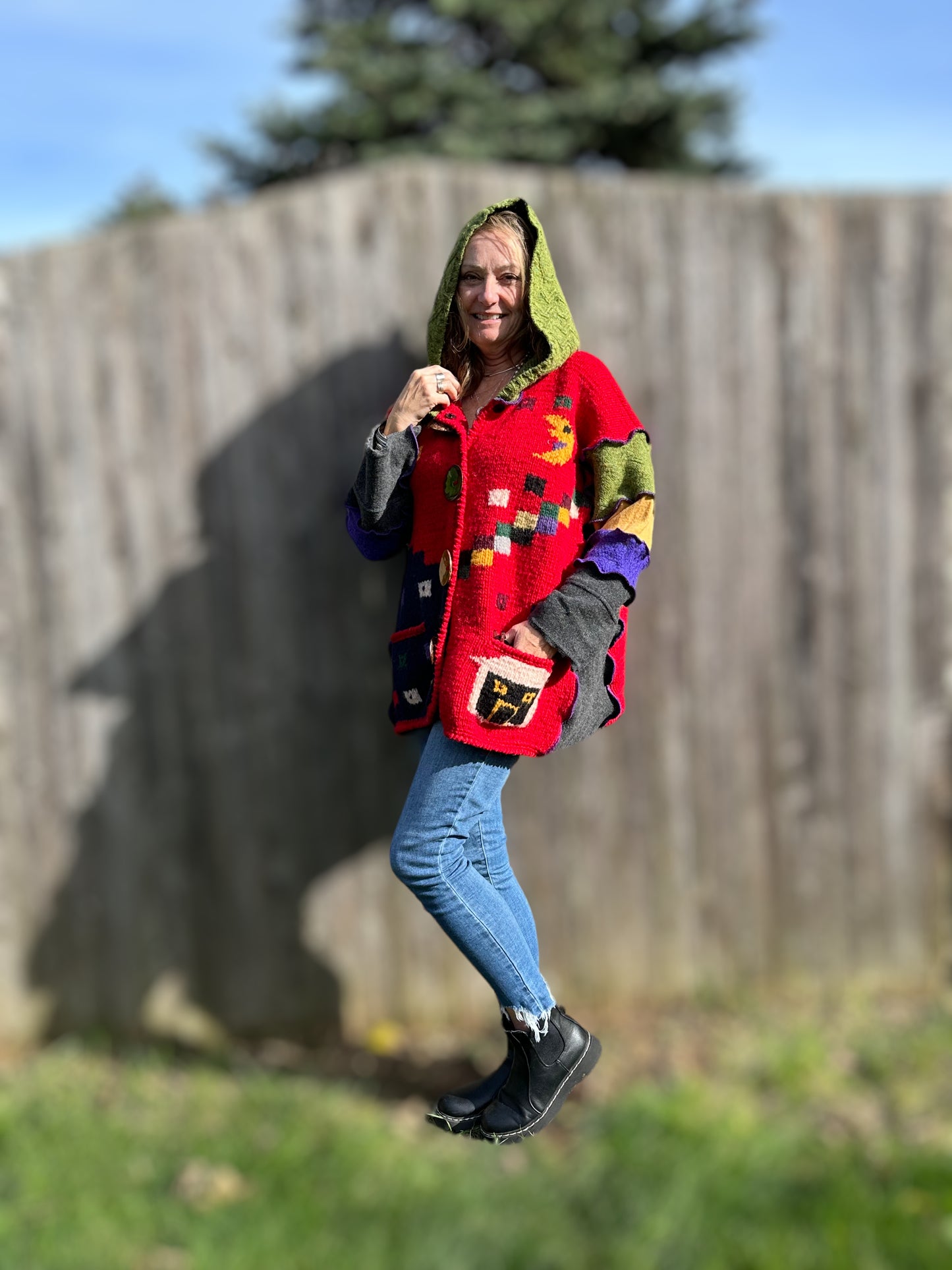 textured vibrant color swing style hooded coat