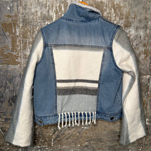 Load image into Gallery viewer, sherpa lined denim + poncho fringed knit jacket
