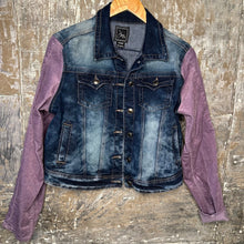 Load image into Gallery viewer, lush lavender crushed velvet + tie dye denim jacket
