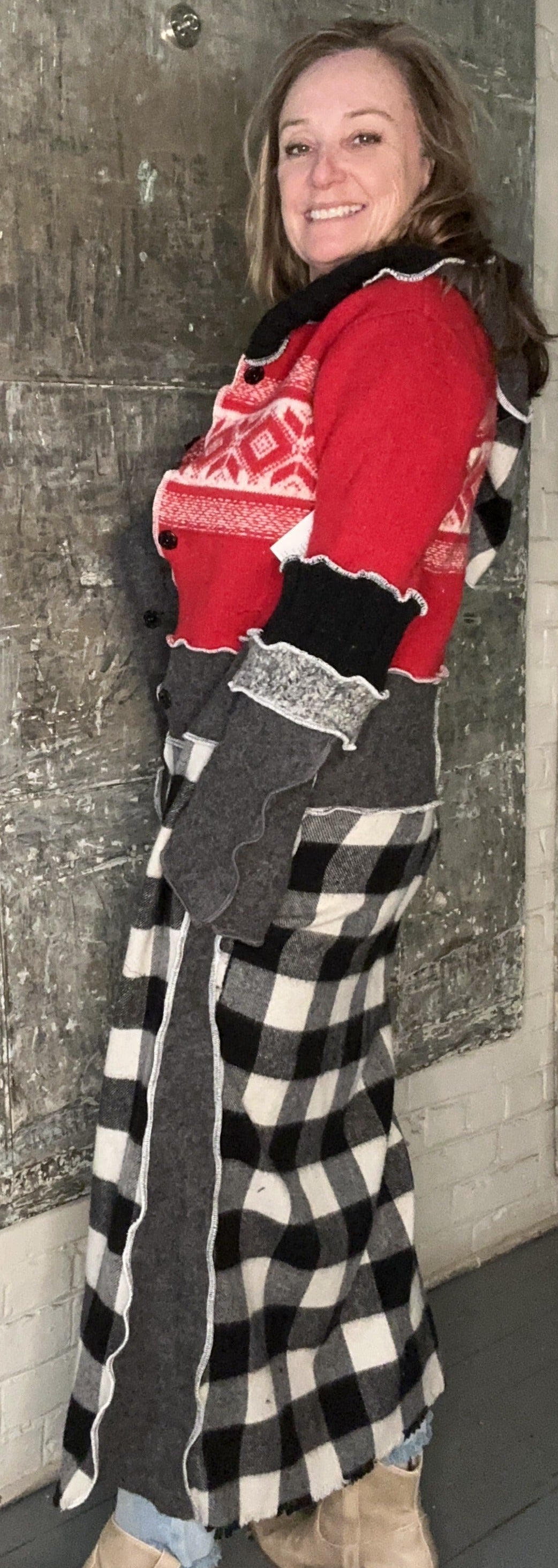 red winter black white check duster