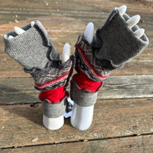 Load image into Gallery viewer, red + gray wool fingerless mittens
