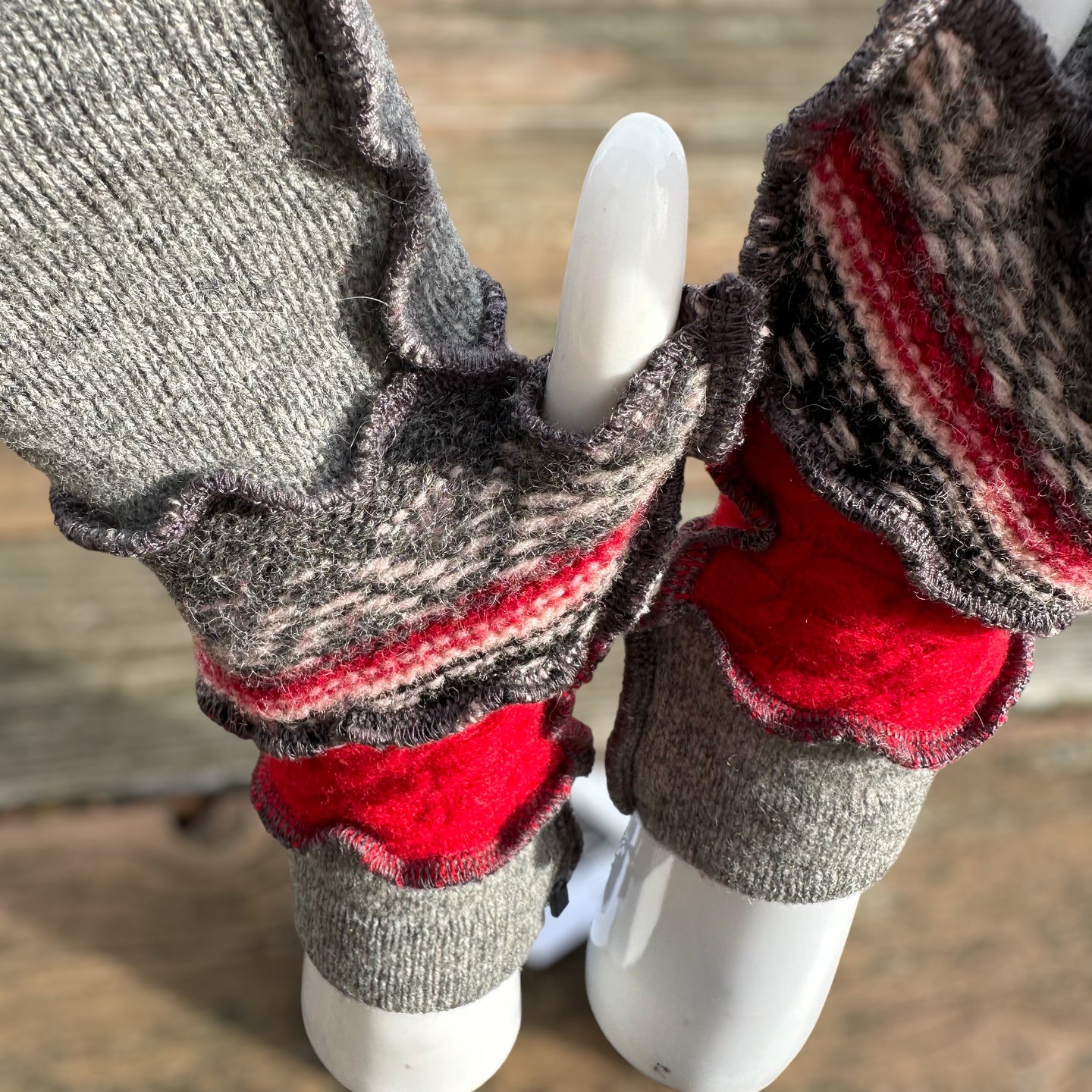 red + gray wool fingerless mittens