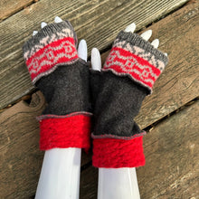 Load image into Gallery viewer, charcoal, red + winter knit wool fingerless mittens

