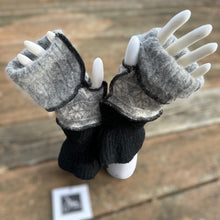 Load image into Gallery viewer, snowflake + black ruffled wool fingerless mittens
