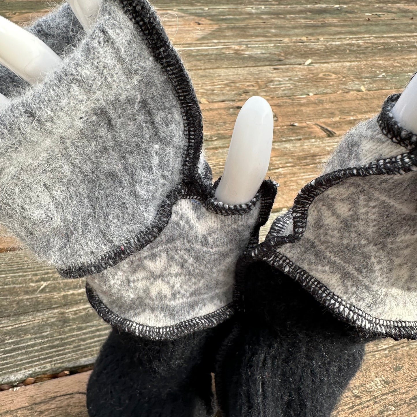 snowflake + black ruffled wool fingerless mittens