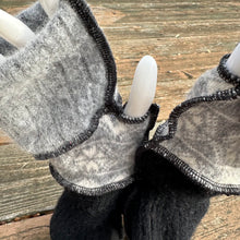 Load image into Gallery viewer, snowflake + black ruffled wool fingerless mittens
