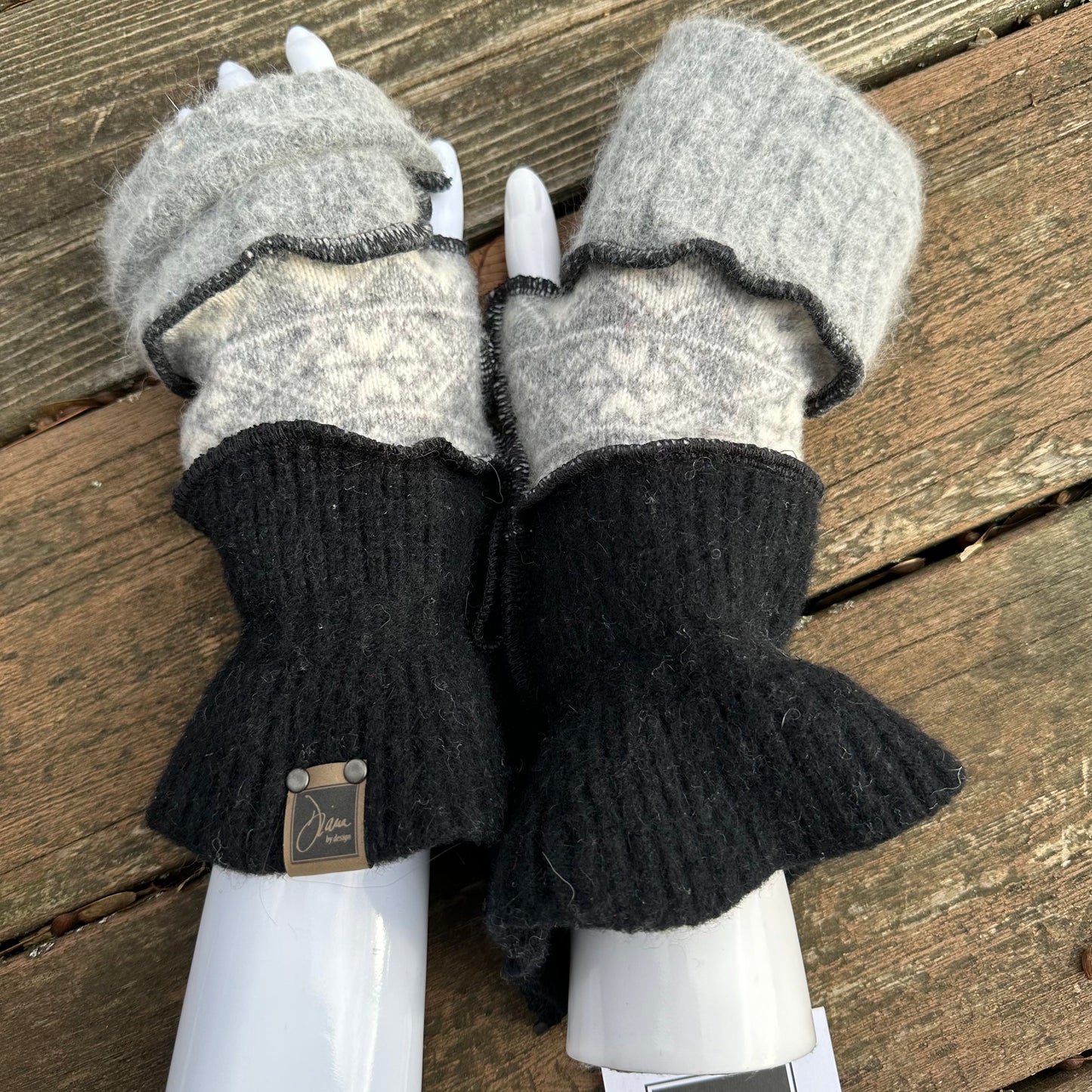 snowflake + black ruffled wool fingerless mittens