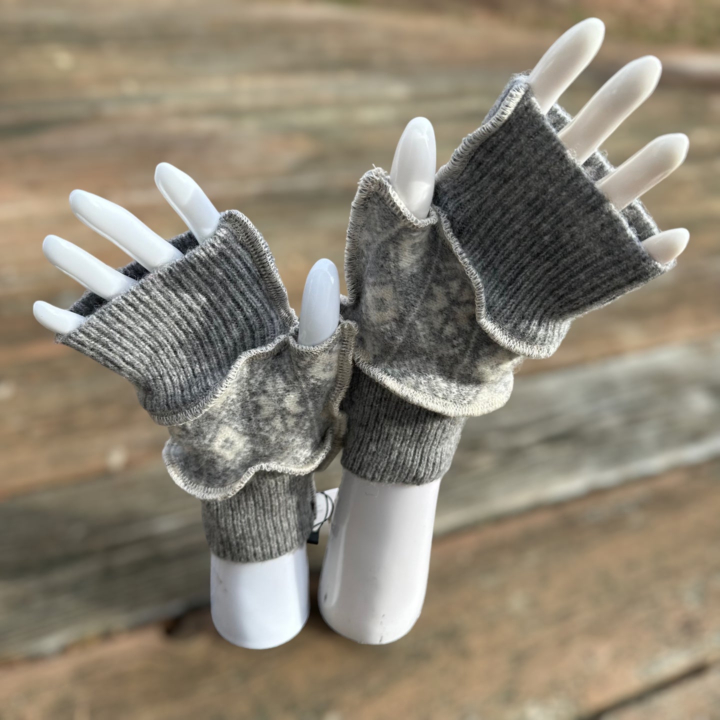 ivory + gray snowflake wool fingerless mittens